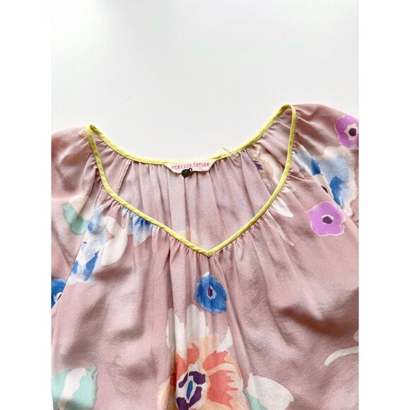 REBECCA TAYLOR Mauve Floral Print Silk Crepe V-Neck Blouse Top, Size 0 - Picture 8 of 11